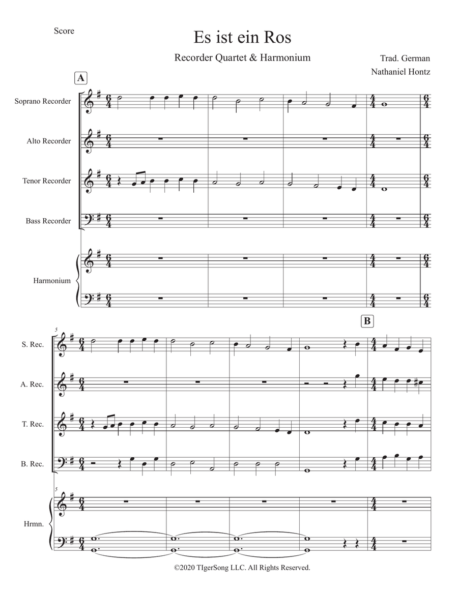 Es ist ein Ros Entsprungen (German Carol) for Recorder Consort Soprano Recorder scores gallery preview page 1
