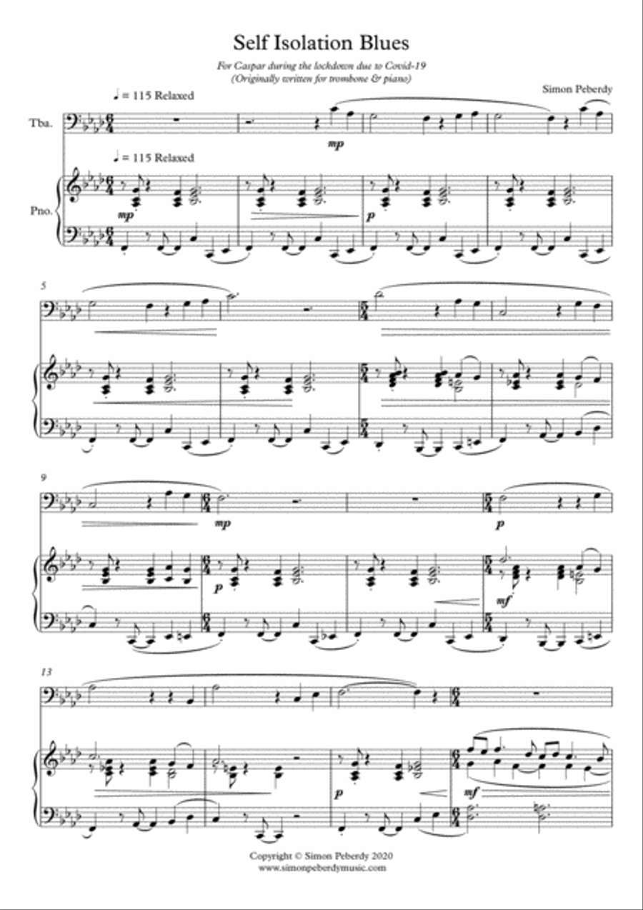 Self Isolation Blues for Tuba and Piano by Simon Peberdy Tuba scores gallery preview page 2
