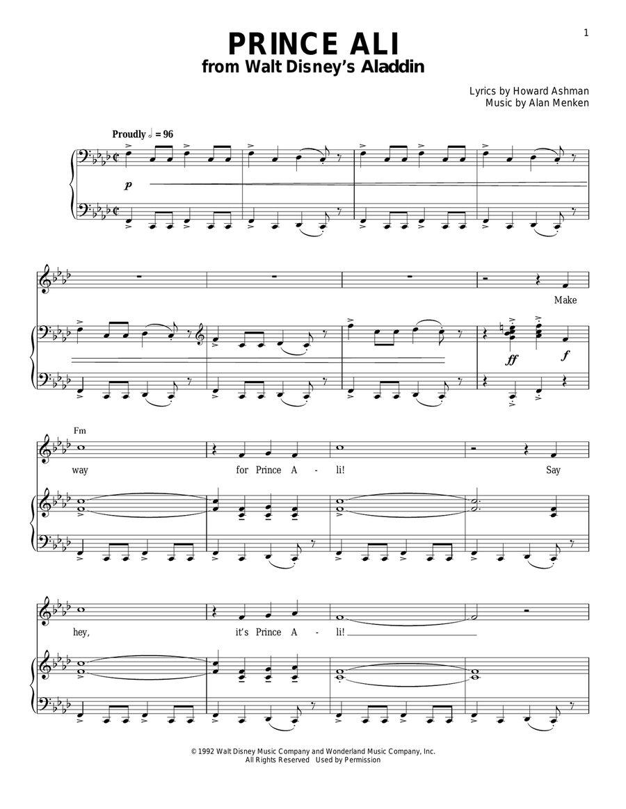 Prince Ali (from Aladdin) Piano, Vocal scores gallery preview page 1