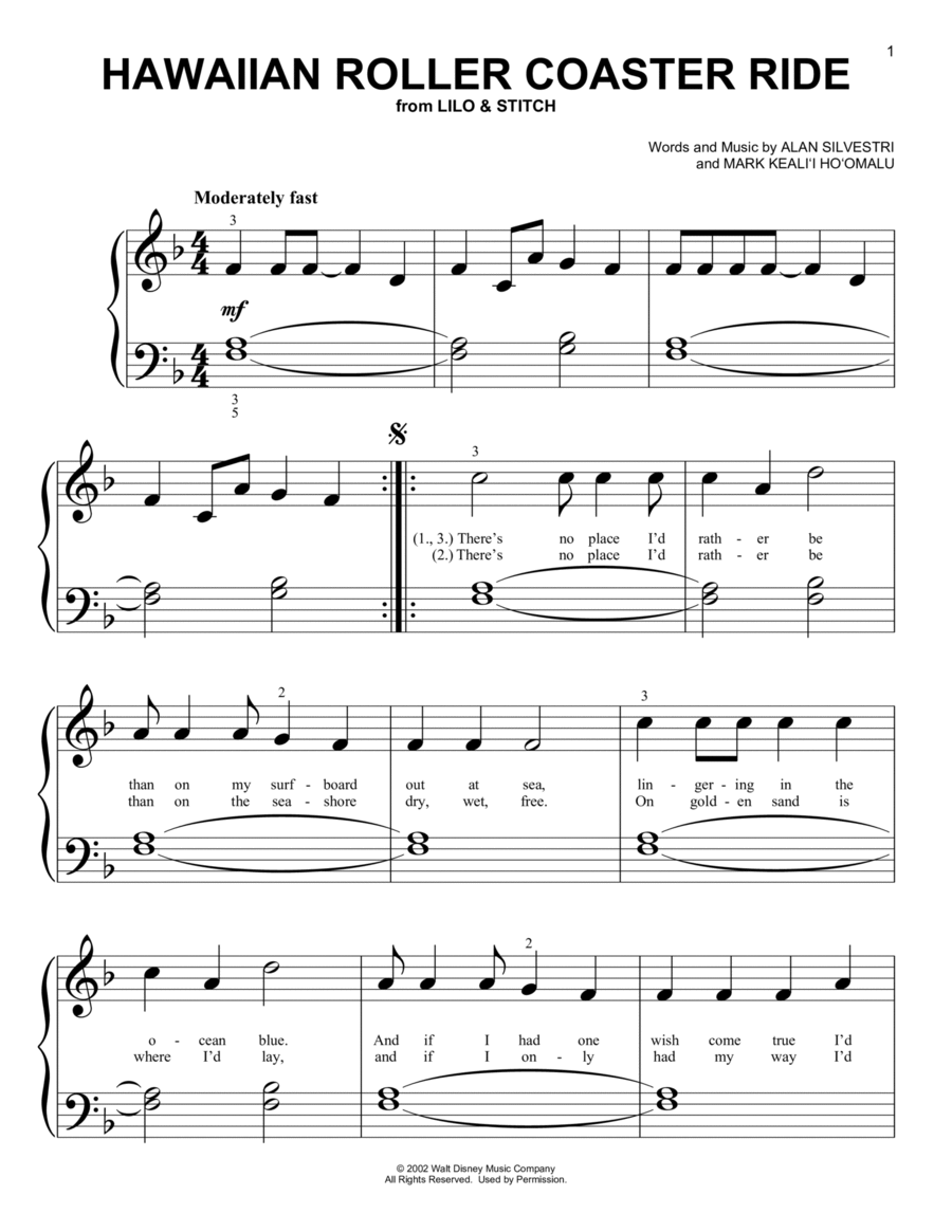 Hawaiian Roller Coaster Ride (from Lilo & Stitch) Easy Piano scores gallery preview page 1