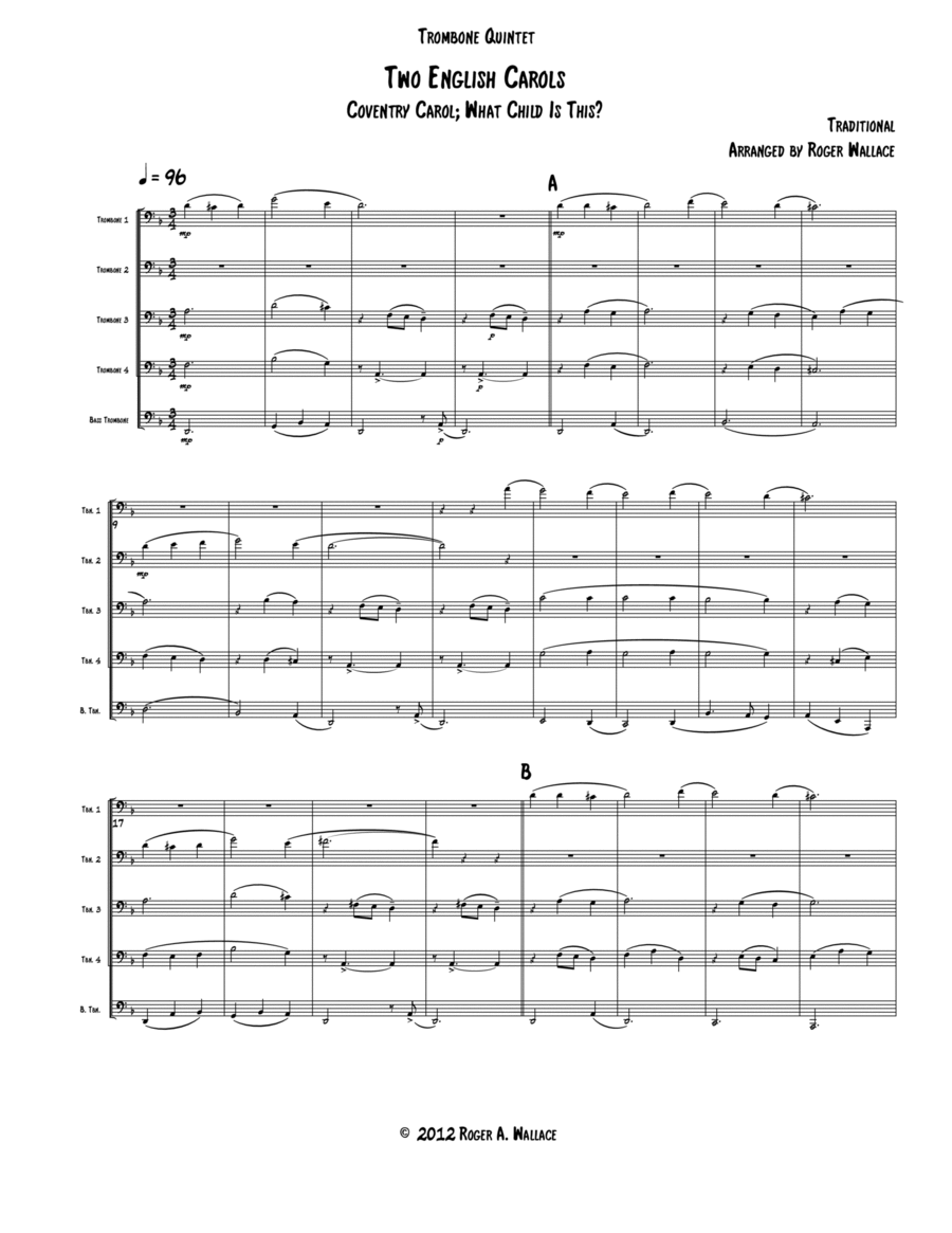 Two English Carols (Coventry Carol; What Child Is This?) - Trombone Quintet or Choir Choir scores gallery preview page 1