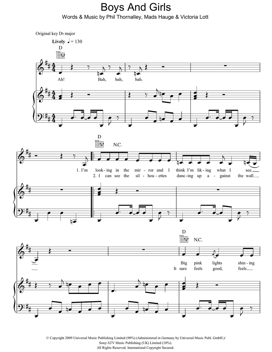 Boys And Girls Boys And Girls Piano, Vocal, Guitar scores gallery preview page 1