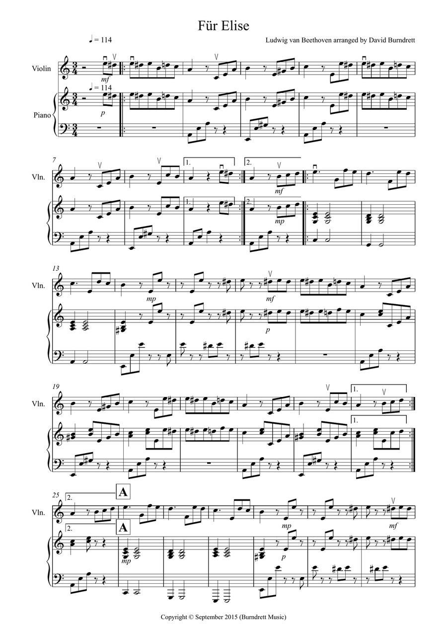 Fur Elise for Violin and Piano Violin Solo scores gallery preview page 1