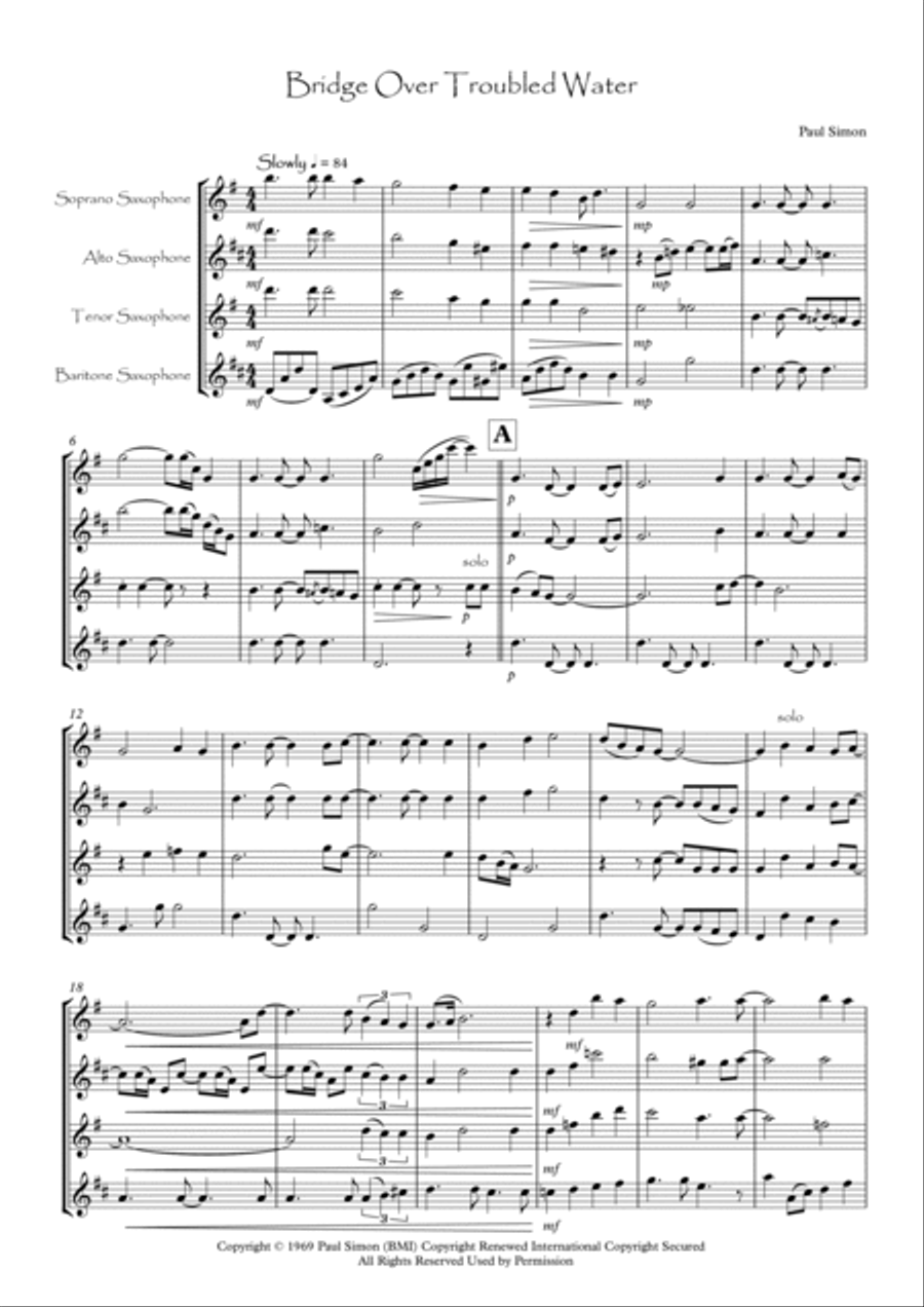 Bridge Over Troubled Water Saxophone Quartet scores gallery preview page 2