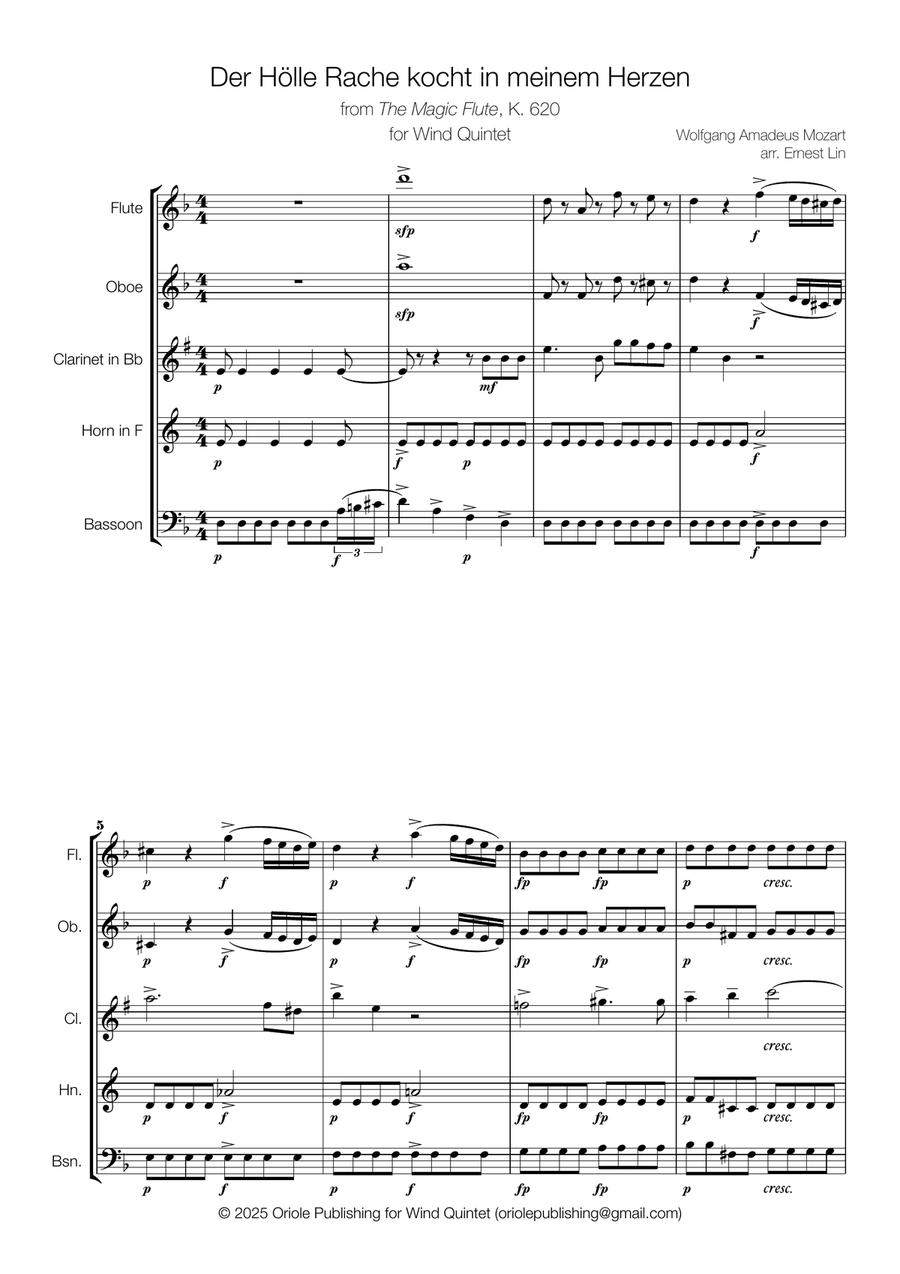 The Queen of the Night Aria (Mozart) for Wind Quintet Woodwind Quintet scores gallery preview page 2