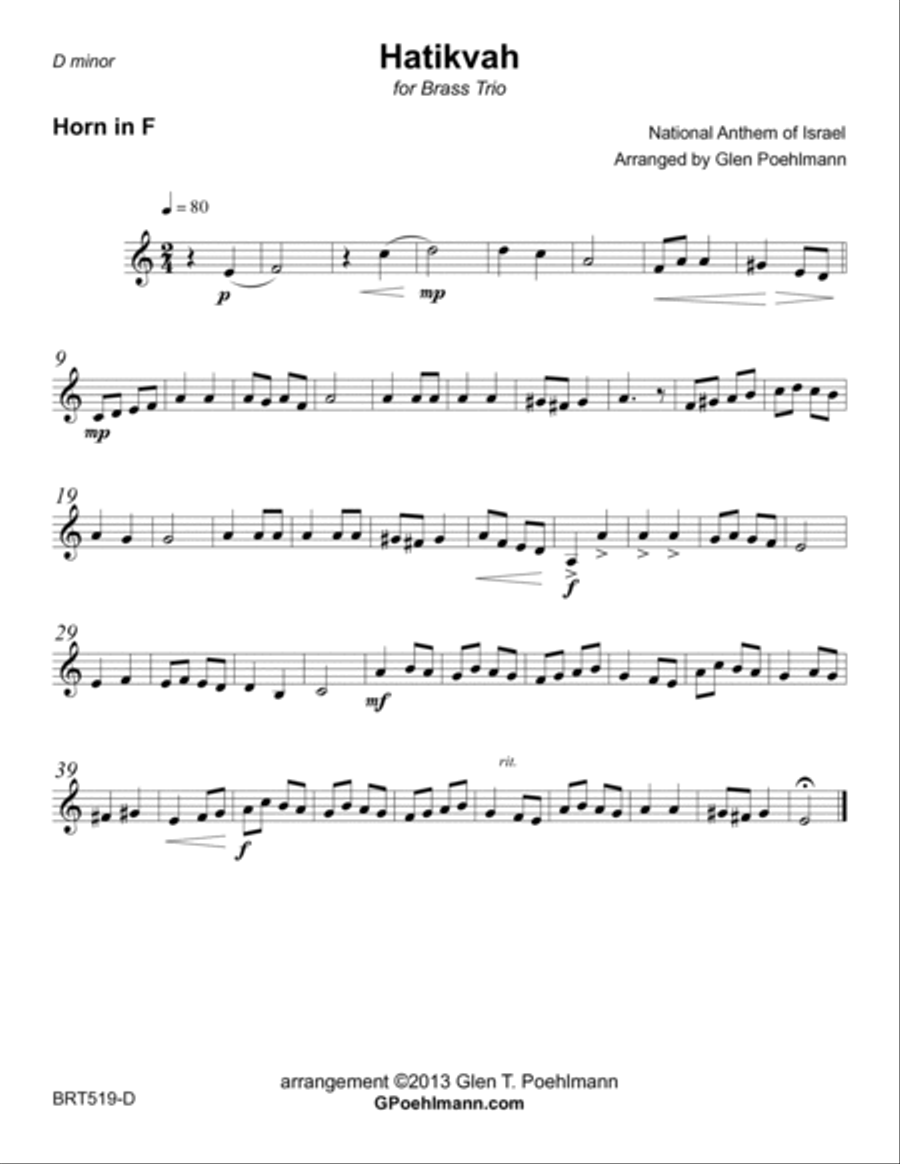 HATIKVAH (National Anthem of Israel) - BRASS TRIO (unaccompanied) Brass Trio scores gallery preview page 4
