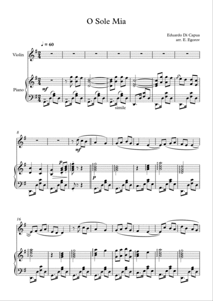 O Sole Mio, Eduardo Di Capua, For Violin & Piano Violin Solo scores gallery preview page 2