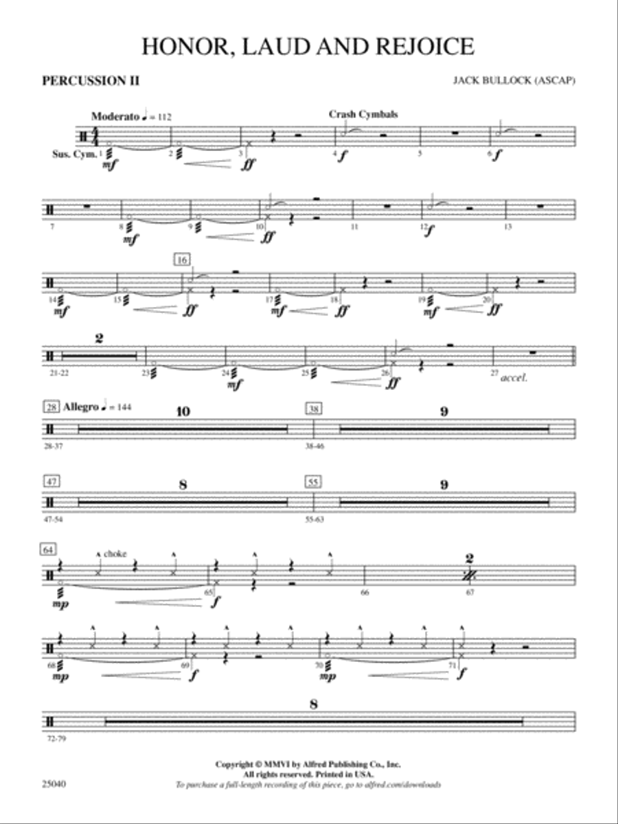 Honor, Laud and Rejoice: 2nd Percussion Full Orchestra scores gallery preview page 1