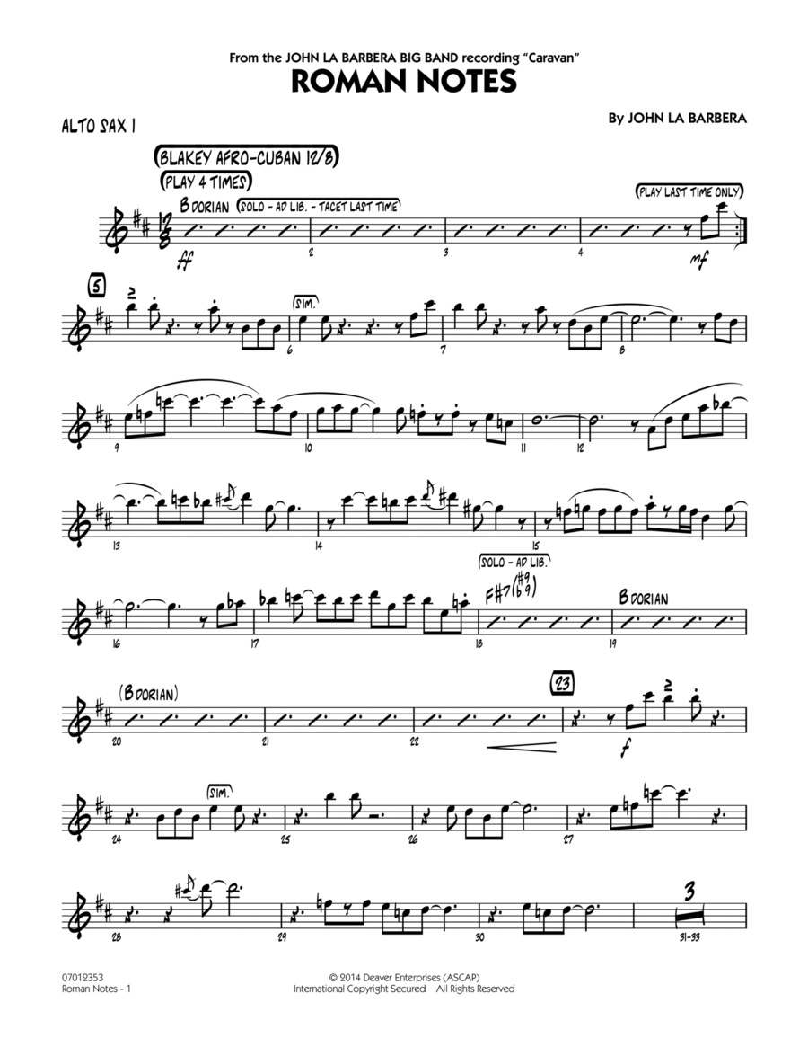 Roman Notes - Alto Sax 1 Alto Saxophone scores gallery preview page 1