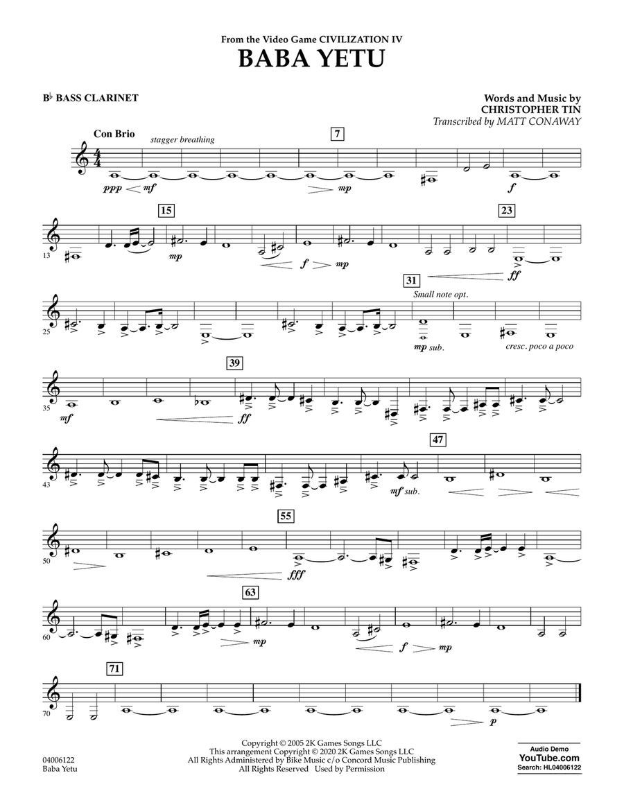 Baba Yetu (from Civilization IV) (trans. Matt Conaway) - Bb Bass Clarinet