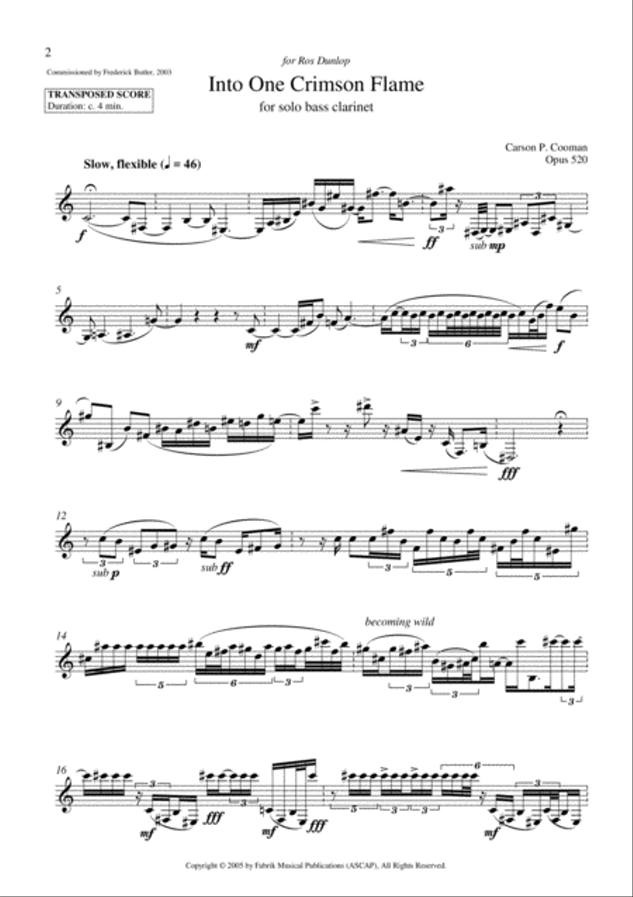 Carson Cooman: Into One Crimson Flame (2003) for solo bass clarinet Woodwind Quintet scores gallery preview page 2