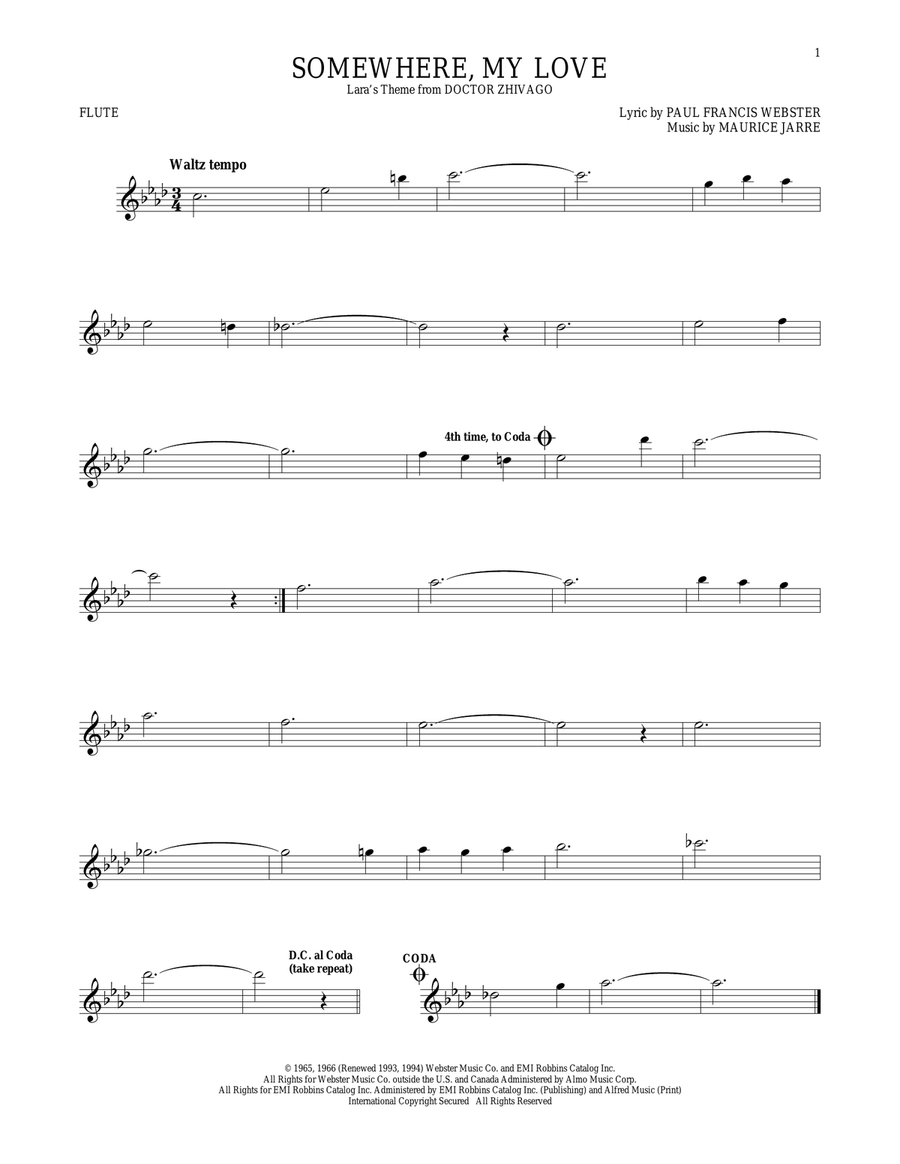 Somewhere, My Love Flute Solo scores gallery preview page 1