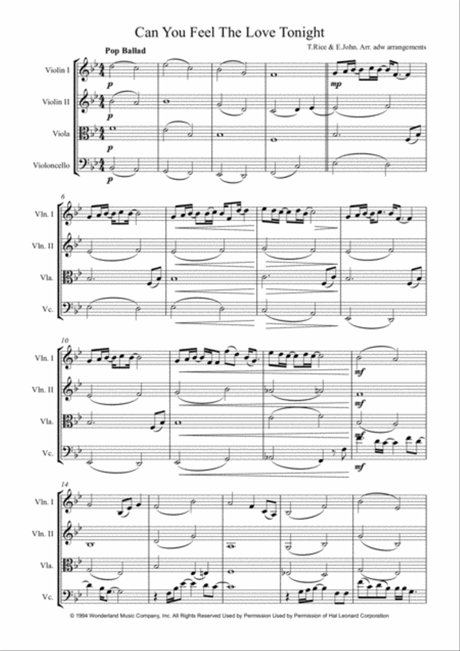 Can You Feel The Love Tonight String Quartet scores gallery preview page 2