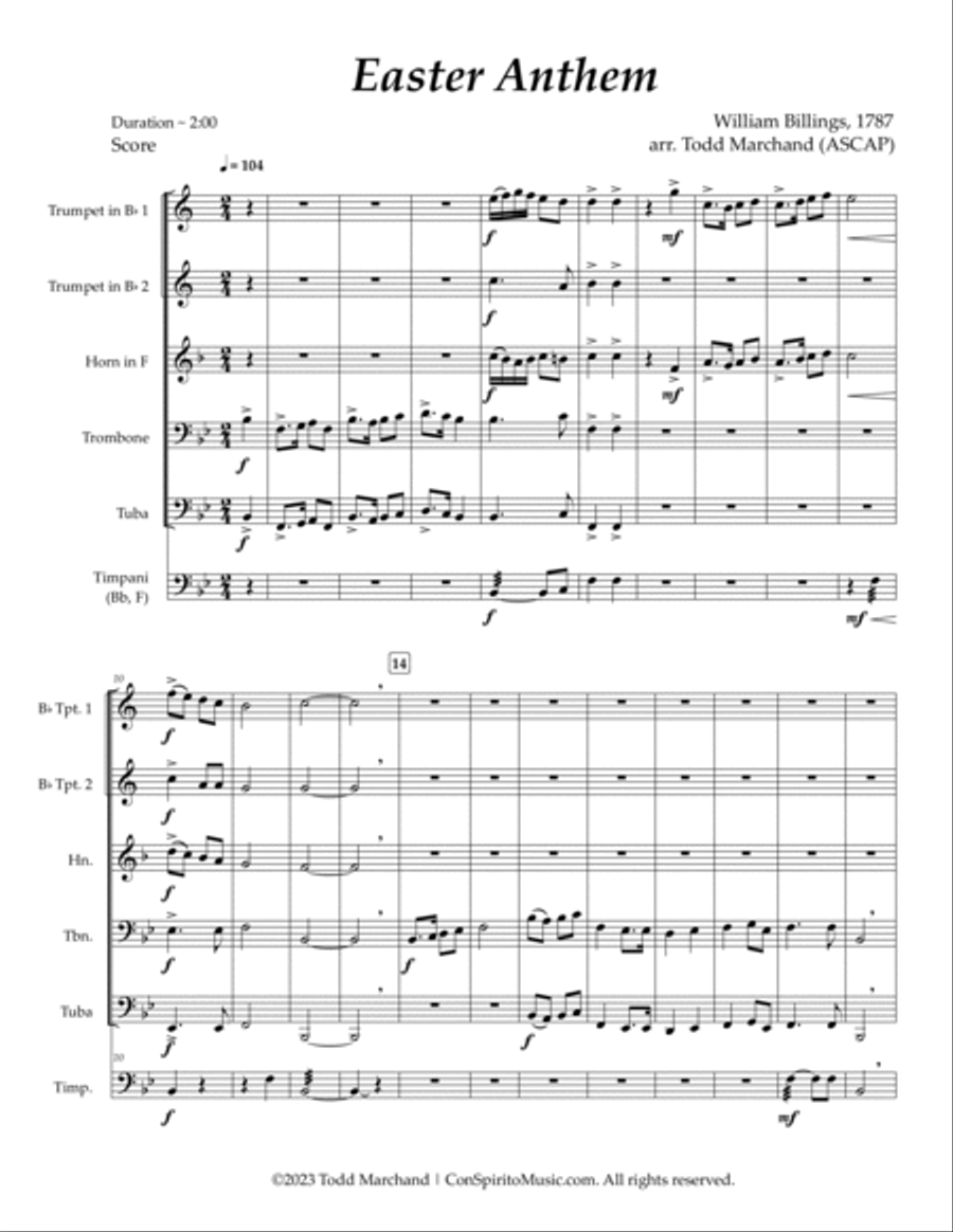 Easter Anthem (William Billings) — brass quintet, timpani Brass Quintet scores gallery preview page 3