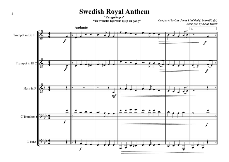 Swedish National & Royal Anthems for Brass Quintet (World National Anthem Series Brass Quintet scores gallery preview page 4
