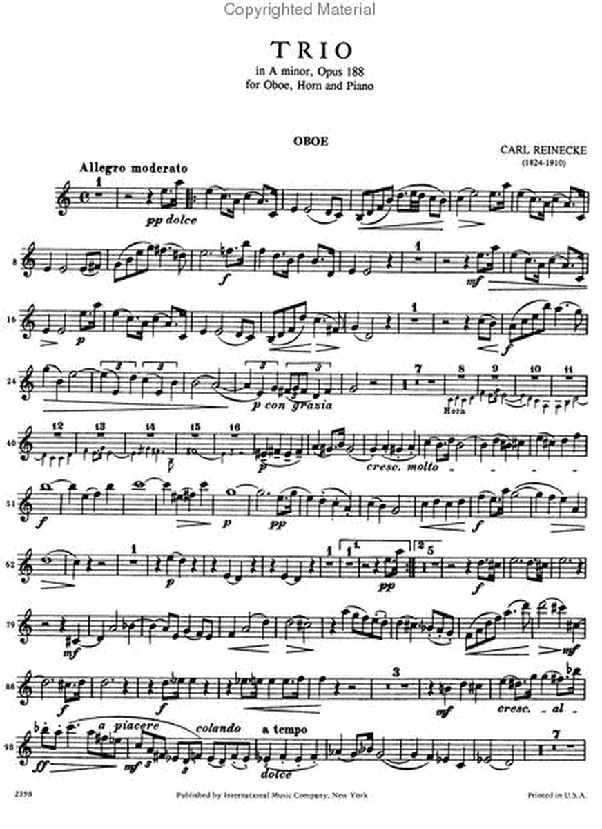 Trio in A minor, Op. 188 for Oboe, Horn & Piano