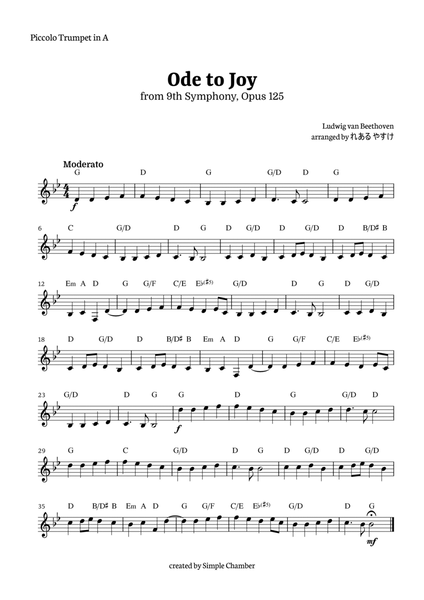 Ode to Joy for Trumpet in A Solo by Beethoven Opus 125 image number null