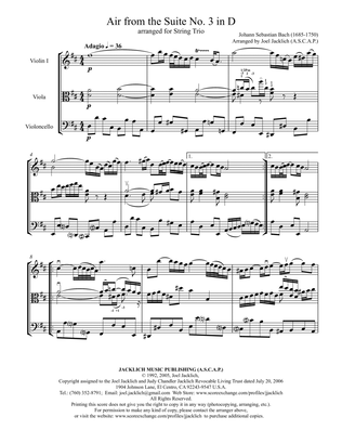 Air from the Third Orchestral Suite (Air on a G String) for String Trio