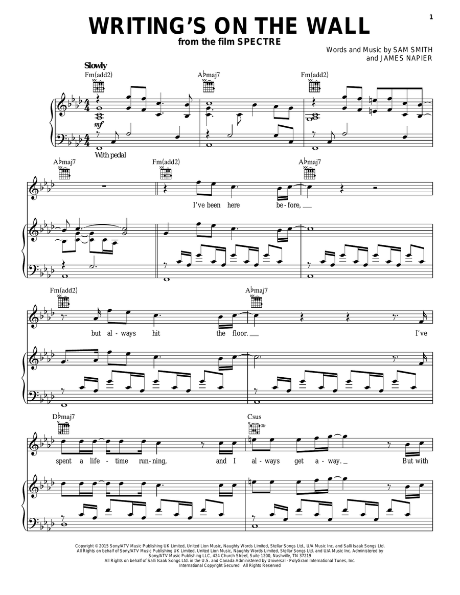 Writing's On The Wall Piano, Vocal, Guitar scores gallery preview page 1