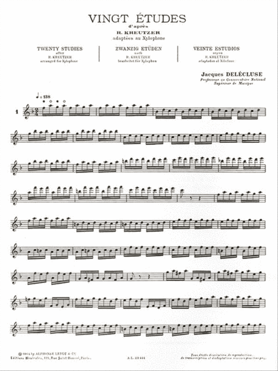 20 Etudes D'apres Kreutzer Adaptees Pour Xylophone (percussion Solo)