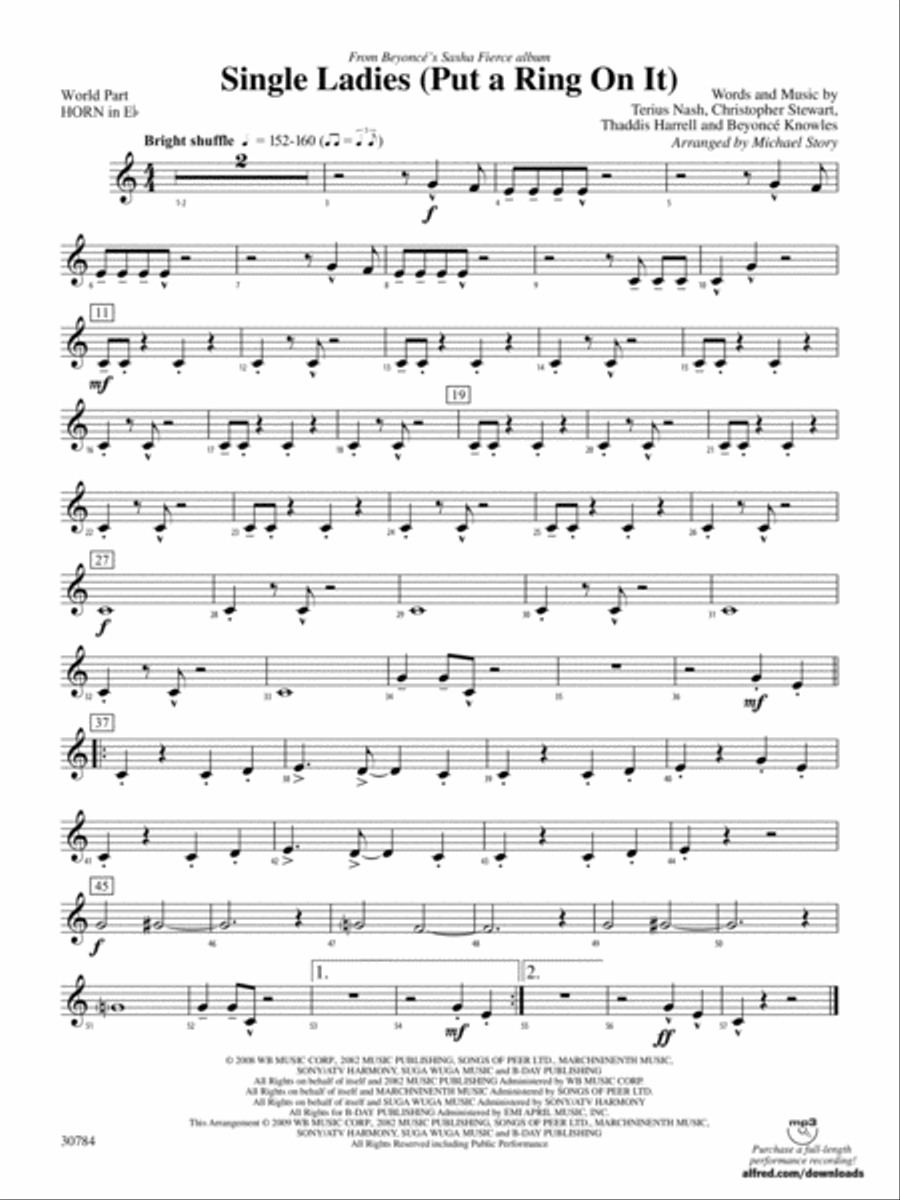 Single Ladies (Put a Ring on It): (World Part) 1st Horn in E-flat Concert Band scores gallery preview page 1