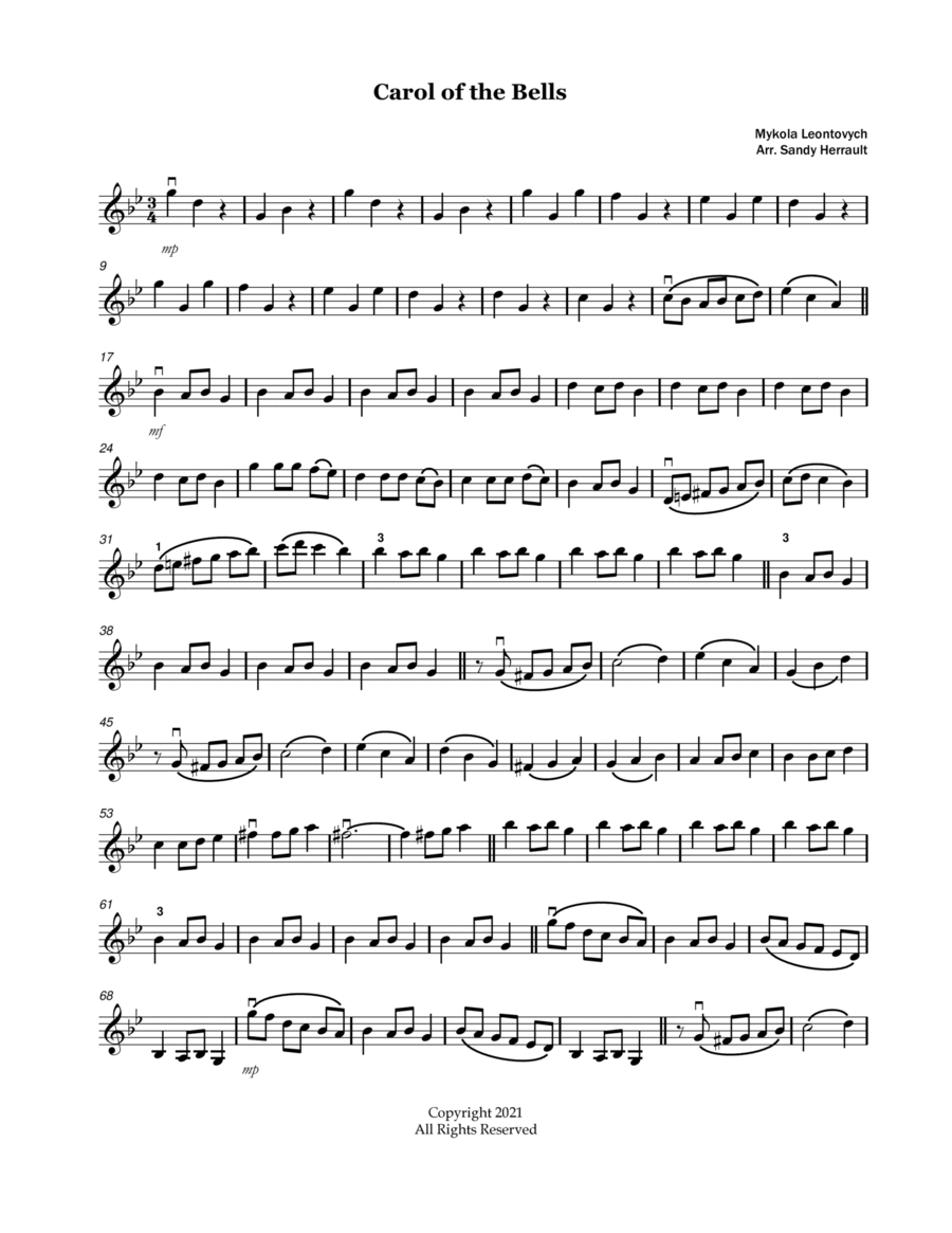 Carol of the Bells, New, for Solo Violin Violin Solo scores gallery preview page 1