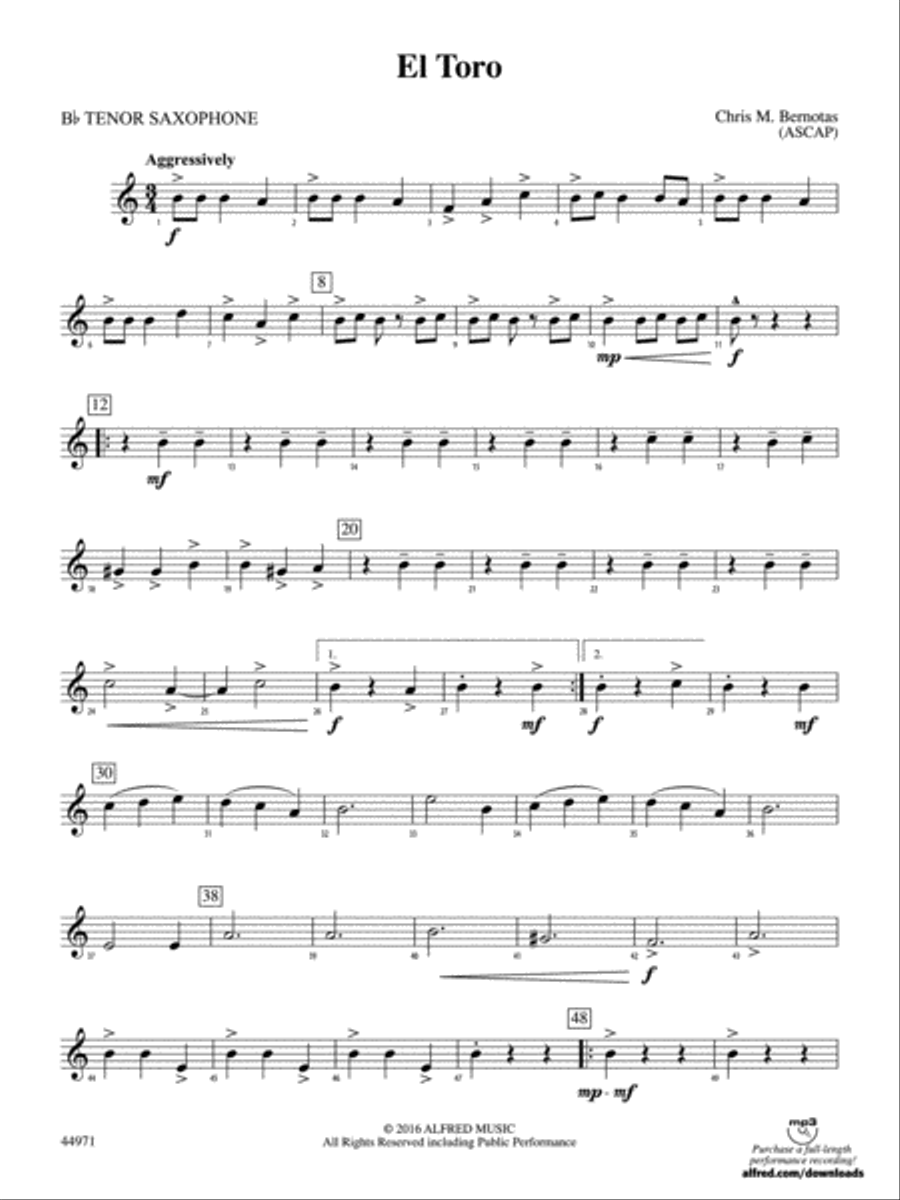 El Toro: B-flat Tenor Saxophone Concert Band scores gallery preview page 1