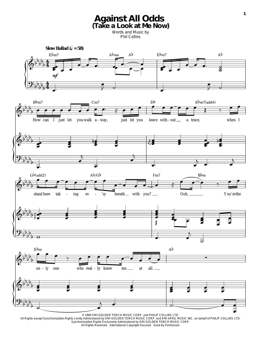 Against All Odds (Take A Look At Me Now) Piano, Vocal scores gallery preview page 1