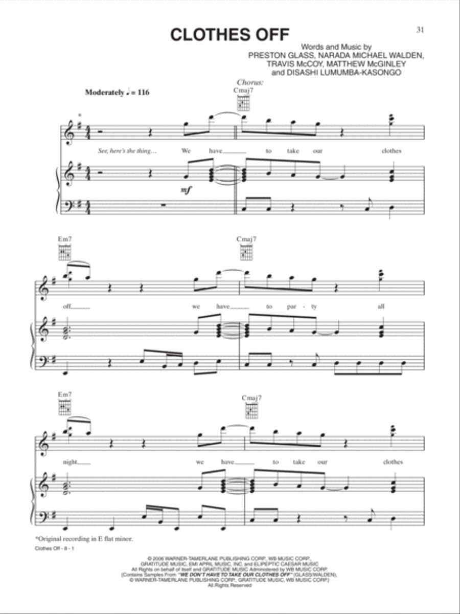 Clothes Off Piano, Vocal, Guitar scores gallery preview page 1