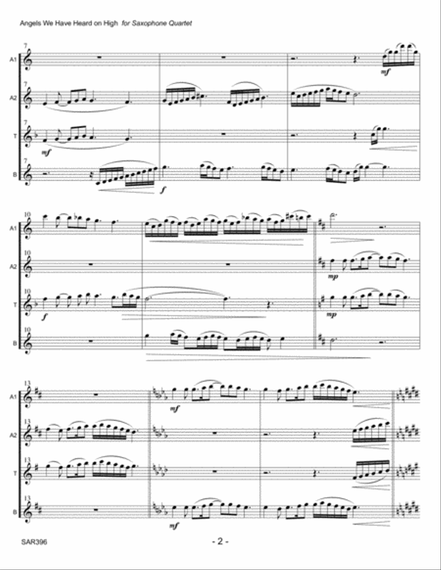ANGELS WE HAVE HEARD ON HIGH - SATB or AATB SAXOPHONE QUARTET (unaccompanied) Saxophone Quartet scores gallery preview page 2