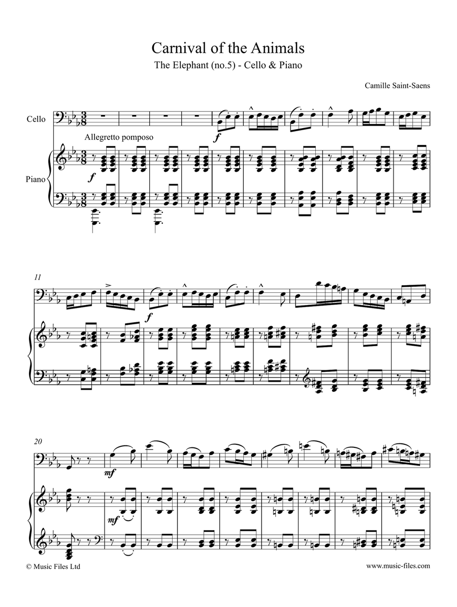 Saint-Saens: The Elephant (Carnival of the Animals) - Cello and Piano Chamber Music scores gallery preview page 1