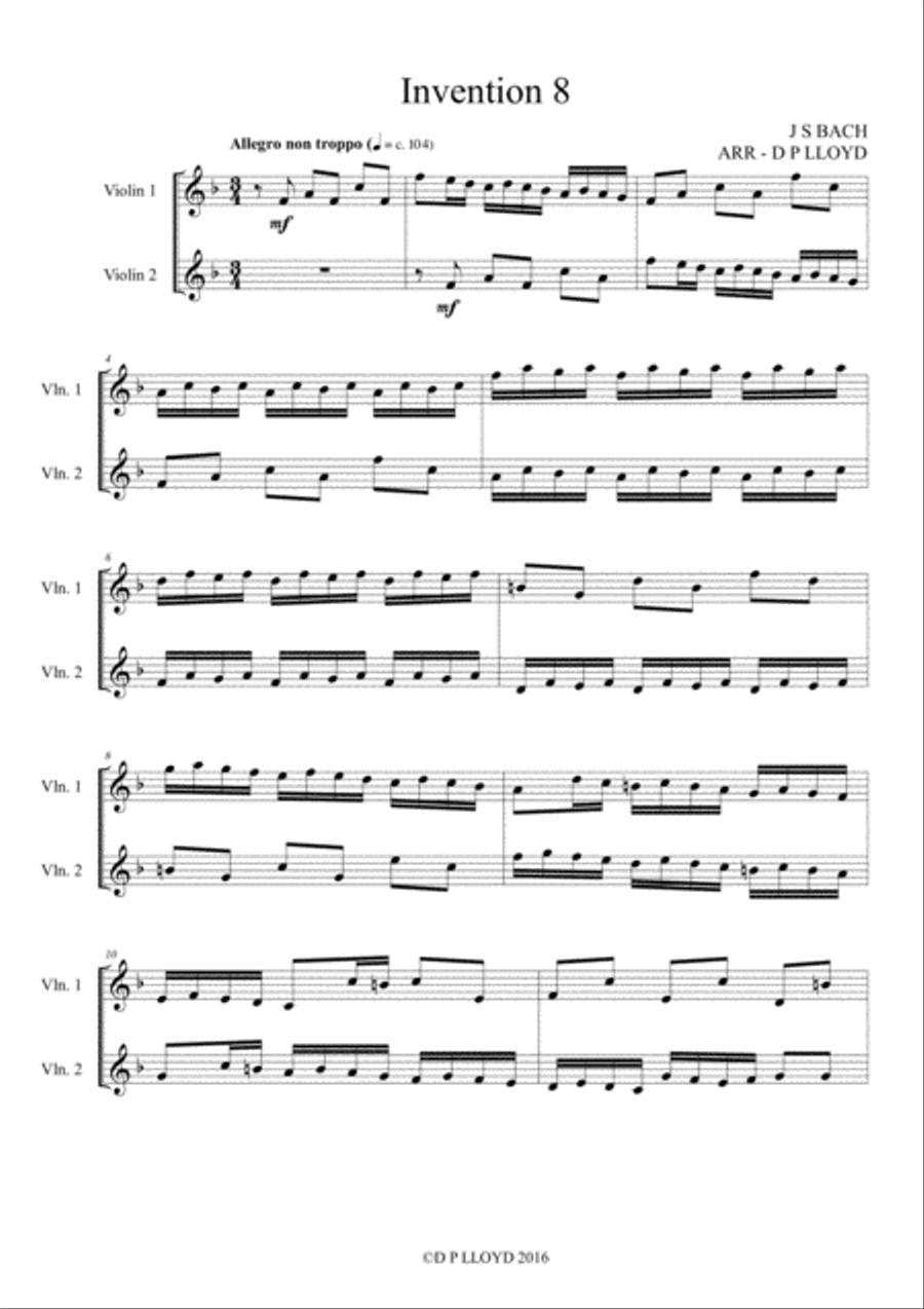 Violin duets - 5 J S Bach keyboard inventions arranged for 2 Violins. String Duet scores gallery preview page 6