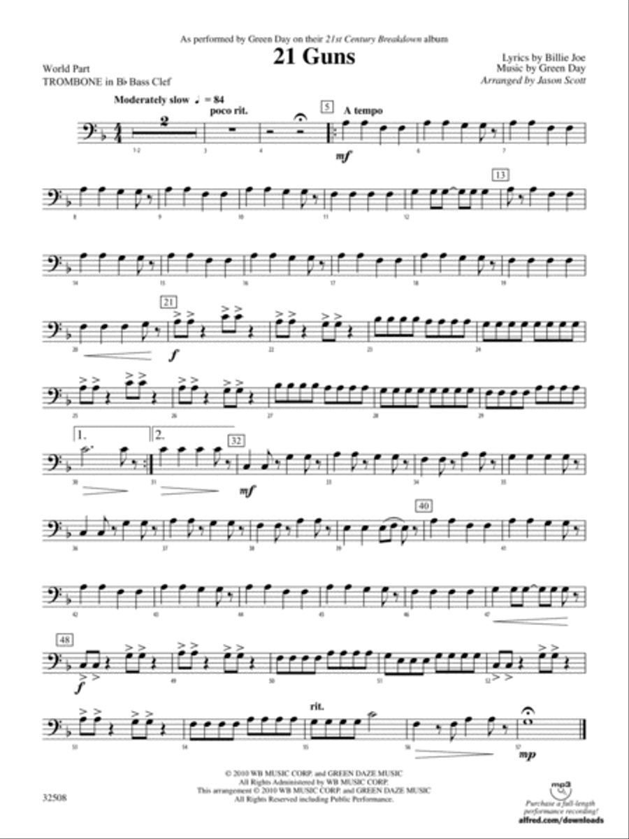 21 Guns: (World Part) 1st B-flat Trombone B.C. Concert Band scores gallery preview page 1