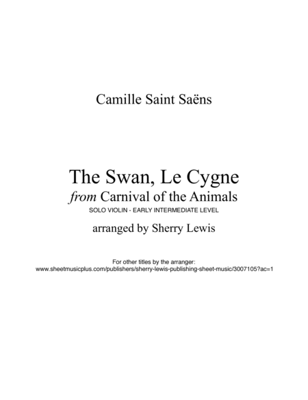 The Swan, LE CYGNE for Violin Solo, Early Intermediate Level for solo violin image number null