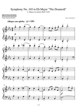 Symphony No. 103 in Eb Major "The Drumroll" (EASY PIANO) I. Allegro con spirito (Hob. I:103) [Haydn]
