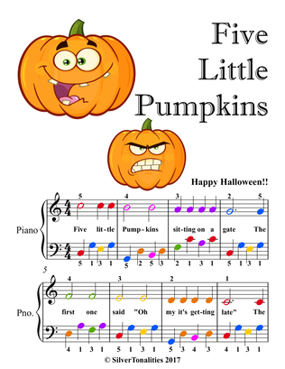 Book cover for Five Little Pumpkins Easy Piano Sheet Music with Colored Notes