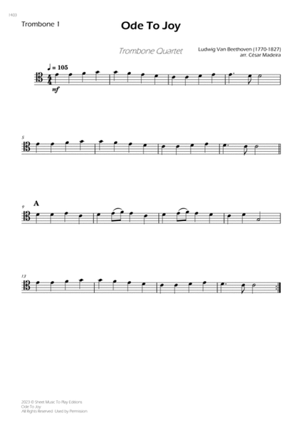Ode To Joy - Easy Trombone Quartet (Full Score and Parts) image number null