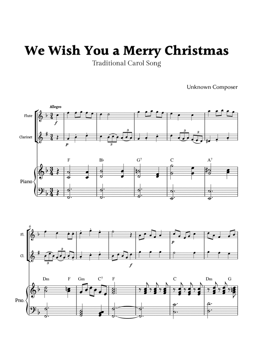 We Wish you a Merry Christmas for Flute and Clarinet Duet with Piano image number null