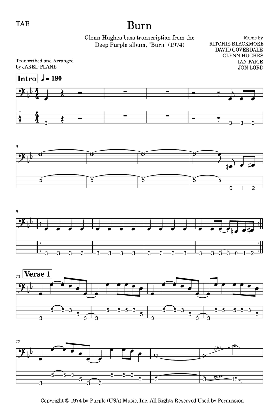 Burn Bass Guitar Tablature scores gallery preview page 1