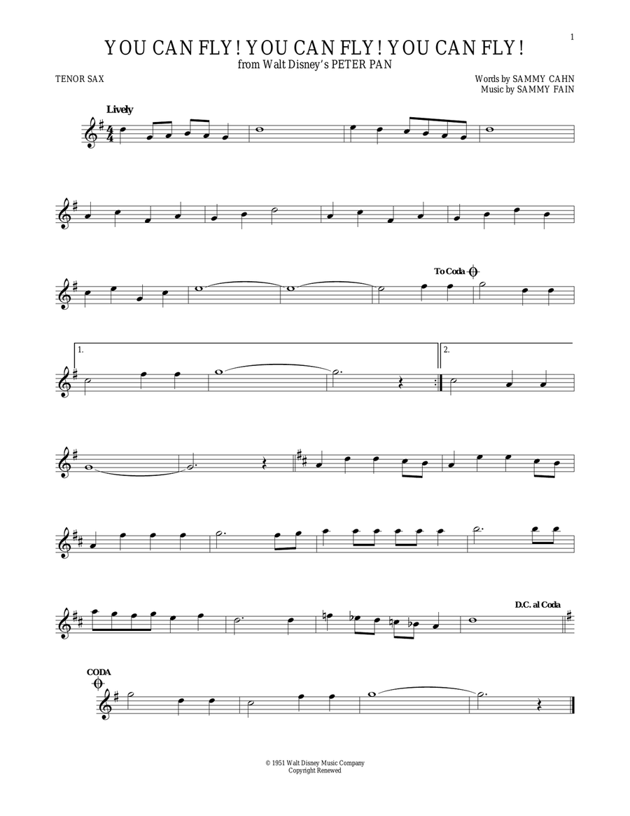 You Can Fly! You Can Fly! You Can Fly! (from Peter Pan) Tenor Saxophone scores gallery preview page 1