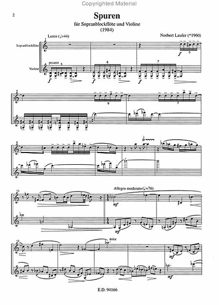 Spuren für Sopranblockflöte und Violine (1984)