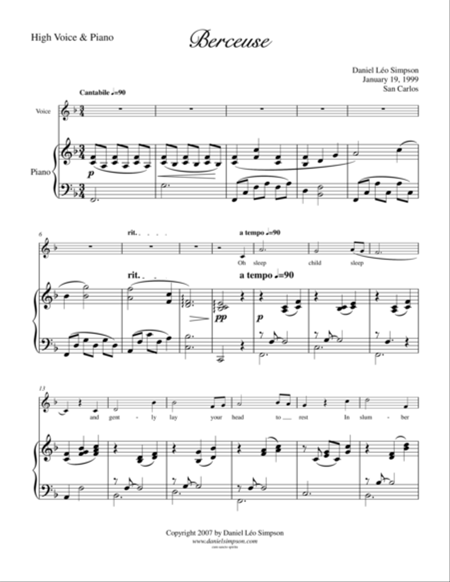 Berceuse for High Voice & Piano High Voice scores gallery preview page 1