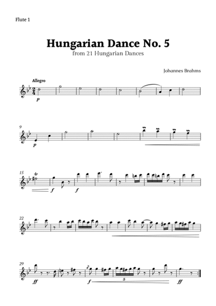 Hungarian Dance No. 5 by Brahms for Flute Quartet and Piano with Chords image number null
