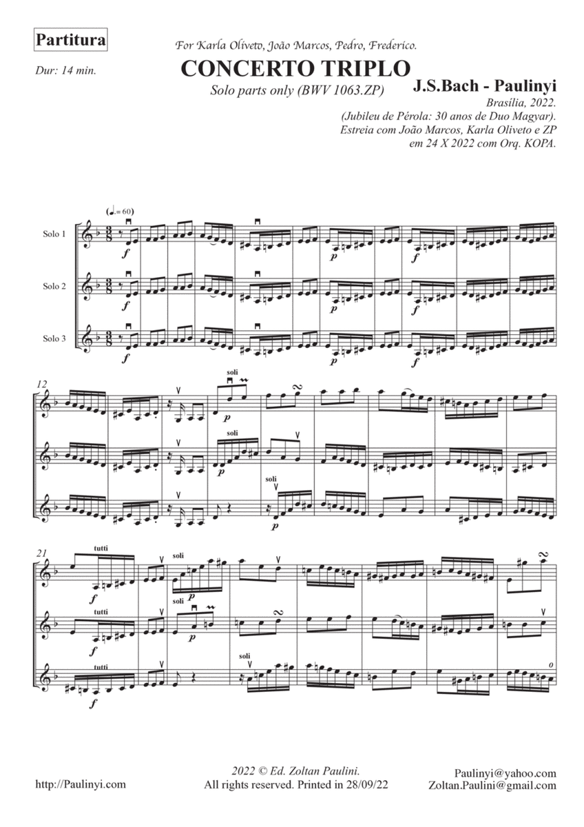 Johann Sebastian Bach's Concerto for 3 violins BWV 1063 transcribed by Dr Zoltan Paulinyi image number null