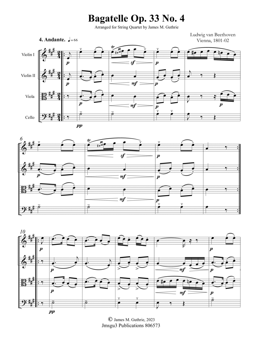 Beethoven: Bagatelle Op. 33 No. 4 for String Quartet String Quartet scores gallery preview page 1