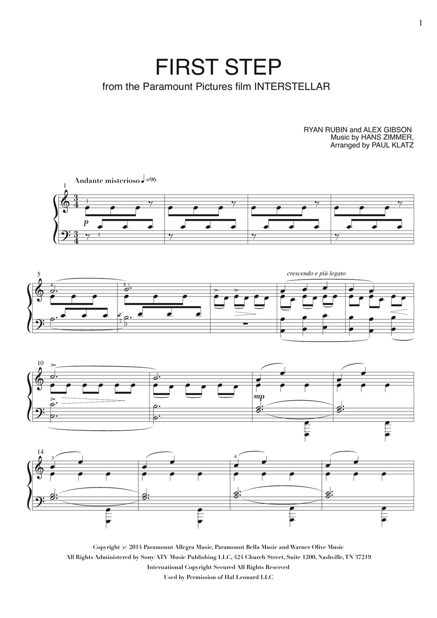First Step from the Paramount Pictures film INTERSTELLAR Piano Solo scores gallery preview page 1