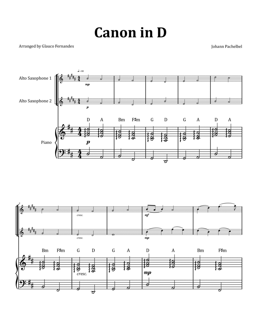 Canon by Pachelbel - Alto Saxophone Duet with Piano and Chord Notation image number null