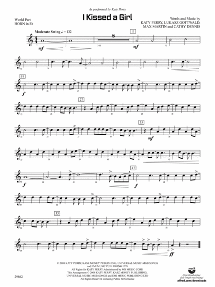 I Kissed a Girl: (World Part) 1st Horn in E-flat Concert Band scores gallery preview page 1