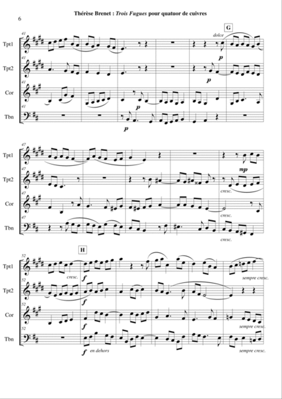 Thérèse Brenet : Three Fugues for two Bb trumpets, horn and trombone (tuba) Brass Ensemble scores gallery preview page 6