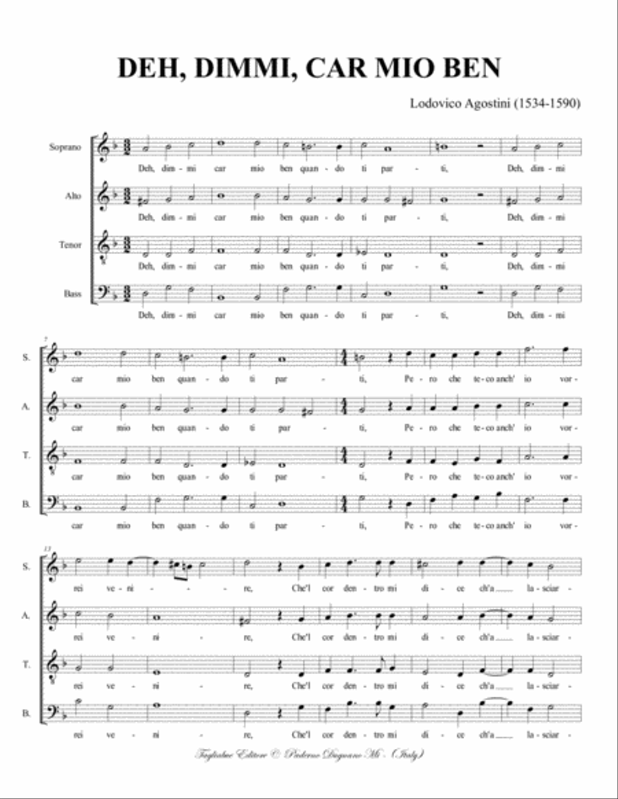 DEH, DIMMI, CAR MIO BEN - L Agostini - For SATB Choir 4-Part scores gallery preview page 2